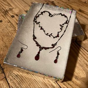 1928 Deep Red Rhinestone Necklace, Earrings, & Bracelet Set